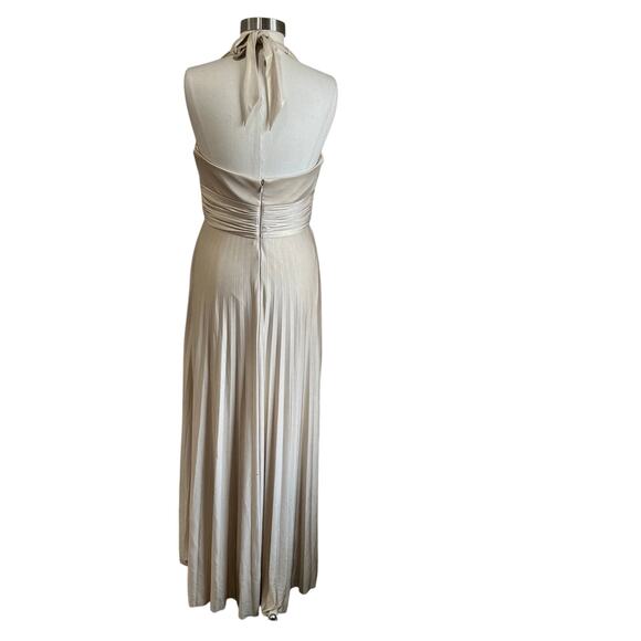 Cache Pale Gold Shimmer Pleated Skirt Jersey Halter Maxi Evening Gown Size 8 - Picture 3 of 9
